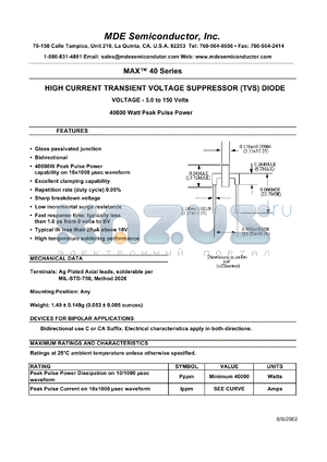 MAX40-36.0C datasheet - 36.00V; 5.0A ;40000W peak pulse power; high current transient voltage suppressor (TVS) diode. For bipolar applications