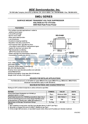 SMDJ54 datasheet - 54.00V; 1mA ;3000W peak pulse power; surface mount transient transient voltage suppressor. For bipolar applications
