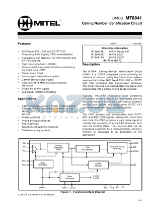 MH8841AE datasheet - 6V; 10mA; calling number identification circuit. For feature phone, phone set adjunct boxes, FAX machines, telephone answering machines, database query systems