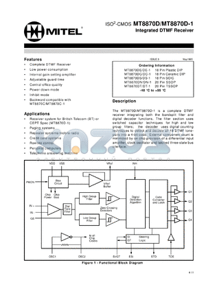 MT8870DN/DN-1 datasheet - 7V; 10mA; central office SLIC. For paging systems, repeater systems/mobile radio, credit card systems, remote control, personal computers, phone answering machine