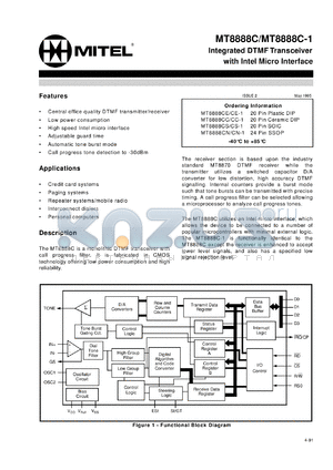 MT8888CN/CN-1 datasheet - 6V; 10mA; integrated DTMF transceiver with intel micro interface. For paging systems, repeater systems/mobile radio, credit card systems, personal computers, interconnect dialers