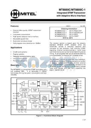 MT8889CC/CC-1 datasheet - 6V; 10mA; integrated DTMF transceiver with adaptive micro interface. For paging systems, repeater systems/mobile radio, credit card systems, personal computers, interconnect dialers