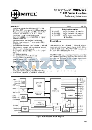 MT89760B datasheet - 0.3-7.0V; 40mA; T1/ESF framer & interface circuit. For DS1/ESF digital trunk interfaces
