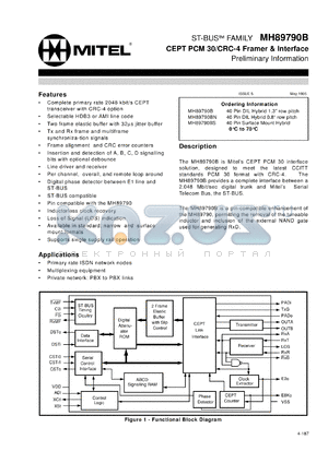 MT89790B datasheet - 0.3-7.0V; 40mA; CEPT PCM 30/CRC-4 framer & interface circuit. For primary rate ISDN network nodes, multiplexing equipment, private network: PBX to PBX links