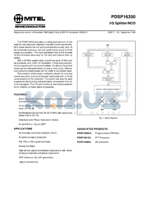 PDSP16350A0 datasheet - 0.5-7.0V; 18mA; 20MHz; I/Q splitter/NCO. For numerically controlled oscillator (NCO), quadrature signal generator, FM PM AM signal modulator