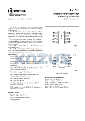 SL1711MH1Q datasheet - 4.75-5.25V; 109mA; quadrature downconverter for satellite receiver systems