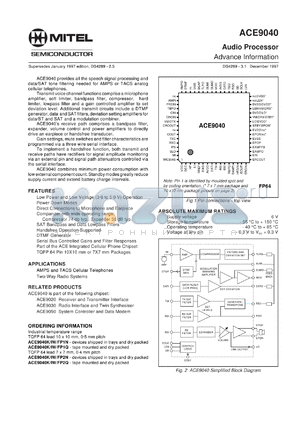 ACE9040IW datasheet - 6.0V; audio processor. For AMPS and TACS cellular telephone, 2-way radio systems