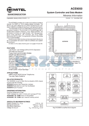 ACE9050D datasheet - 3.6-5.0V; system controller and data modem. For AMPS and TACS cellular telephone, 2-way radio systems