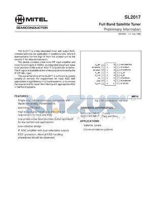 SL2017KG datasheet - 4.75-5.25V; full base satellite tuner. For satellite tuners, commnucations systems