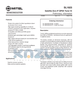SL1925NP2S datasheet - 4.75-5.25V; satellite zero IF QPSK tuner IC. For satellite receiver systems, data commnucations systems