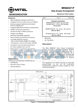 MTH88437AD-P datasheet - 0.3-6.0V; data access arrangement. For FAX/modem, electronic point of sale, security system