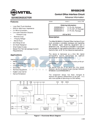 MT88634BT-2 datasheet - 0.3-6.0V; central office interface circuit. For PABX, key telephone systems, channel bank, voice mail