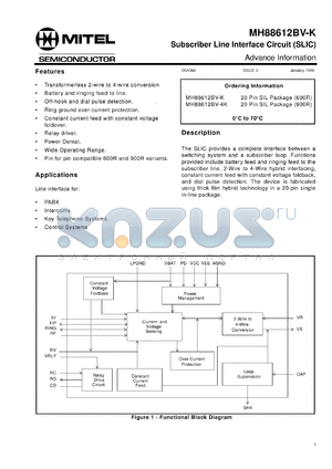 MH88612BV-4K datasheet - 0.3-9.0V; subscriber line interface circuit (SLIC). For PABX, intercoms, key telephone systems, control sysytems