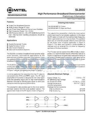 SL2035IG datasheet - 0.3-7.0V; high performance broadband downconverter. For double conversion tuners, digital terrestrial tuners