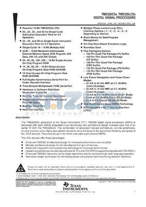 TMS320C50PQA80 datasheet - 16-Bit digital signal processor, data RAM=544 words, data+prog=512 words, ROM=2K, 5.0V, 80MHz