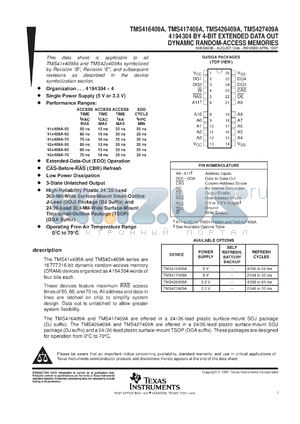 TMS426409ADGA-60 datasheet - 4194304 by 4-bit extended data out dynamic random-access memories, 3.3V power supply, 60ns