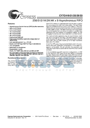 CY7C432 datasheet - 4K x 9 asynchronous FIFO, 25 ns