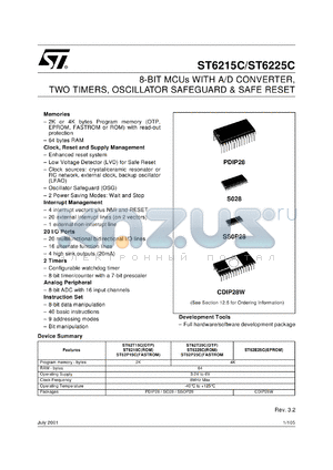 ST6225BB1/XXX datasheet - 8-bit MCU with 8-bit A/D converter, two timers, oscillator safeguard & safe reset, 64 b RAM, 4Kb ROM, 8MHz