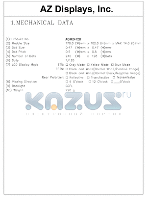 AGM2412B-RCYBS-T datasheet - 0.0-5.5V; number of dots: 240 x 128dots; dot size:0.47 x 0.47mm; dot pitch:0.5 x 0.5mm; AZ display