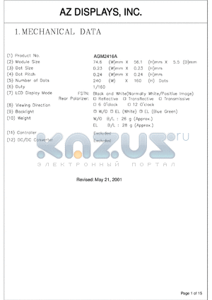 AGM2416A-REFBD-T datasheet - 0.3-6.5V; number of dots: 240 x 160dots; dot size:0.23 x 0.23mm; dot pitch:0.24 x 0.24mm; AZ display