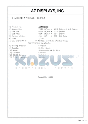 AGM2432B-FEFBH-T datasheet - 0.3-7.0V; number of dots: 240 x 320dots; dot size:0.225 x 0.225mm; dot pitch:0.24 x 0.24mm; AZ display