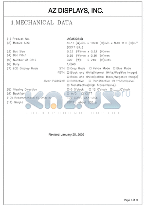 AGM3224D-RC-BBW-T datasheet - 0.3-7.0V; number of dots: 320 x 240dots; dot size:0.33 x 0.33mm; dot pitch:0.36 x 0.36mm; AZ display