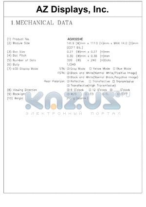 AGM3224E-RL-BBD-T datasheet - 0.3-7.0V; number of dots: 320 x 240dots; dot size:0.27 x 0.27mm; dot pitch:0.30 x 0.30mm; AZ display