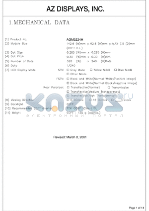 AGM3224H-FC-BBW-T datasheet - 0.3-6.5V; number of dots: 320 x 240dots; dot size:0.285 x 0.285mm; dot pitch:0.30 x 0.30mm; AZ display