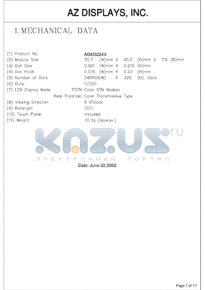 AGM3224V-NC-FBS-T datasheet - 0.3-7.0V; number of dots: 240 x 320dots; dot size:0.061 x 0.215mm; dot pitch:0.076 x 0.23mm; AZ display