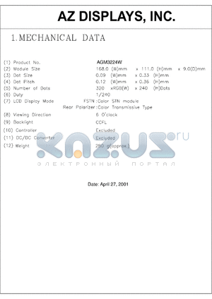 AGM3224W-MC-FBS-T datasheet - 0.3-7.0V; number of dots: 320 x 240dots; dot size:0.09 x 0.33mm; dot pitch:0.12 x 0.36mm; AZ display