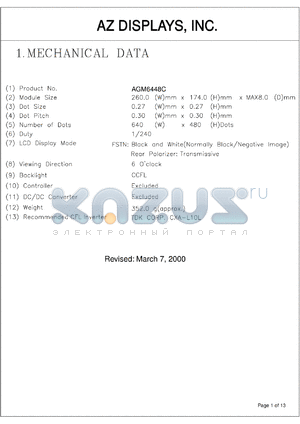 AGM6448C-NC-FBD-T datasheet - 0.3-6.5V; number of dots: 640 x 480dots; dot size:0.27 x 0.27mm; dot pitch:0.30 x 0.30mm; AZ display