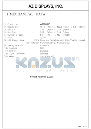 AGM6448F-FC-FBW-T datasheet - 0.0-6.0V; number of dots: 640 x 480dots; dot size:0.17 x 0.17mm; dot pitch:0.19 x 0.19mm; AZ display