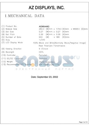 AGM6448G-MC-FBD-T datasheet - 0.3-6.5V; number of dots: 640 x 480dots; dot size:0.27 x 0.27mm; dot pitch:0.30 x 0.30mm; AZ display