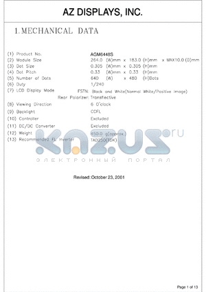 AGM6448S-FC-FBD-T datasheet - 0.3-6.5V; number of dots: 640 x 480dots; dot size:0.305 x 0.305mm; dot pitch:0.33 x 0.33mm; AZ display