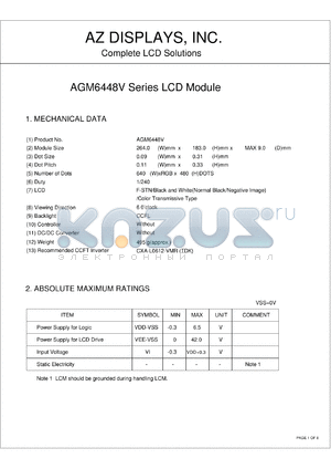 AGM6448V-NC-FBD-T datasheet - 0.3-6.5V; number of dots: 640 x 480dots; dot size:0.09 x 0.31mm; dot pitch:0.11 x 0.33mm; AZ display