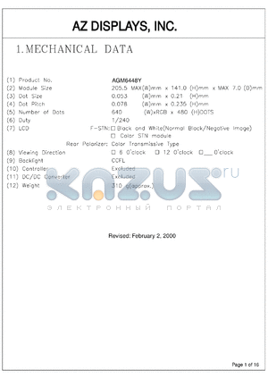 AGM6448Y-MC-FBS-T datasheet - 0.3-6.5V; number of dots: 640 x 480dots; dot size:0.053 x 0.21mm; dot pitch:0.078 x 0.235mm; AZ display