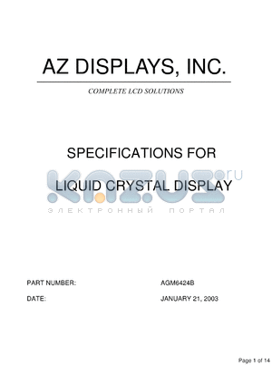 AGM6424B-C-YBS-T datasheet - 3.3V; number of dots: 640 x 240dots; dot size:0.065 x 0.225mm; dot pitch:0.08 x 0.24mm; liquid crystal display
