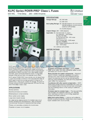 KLPC1600 datasheet - KLPC series POWR-PRO class L fuse. Time-delay. 1600A, 600VAC, 480VDC.