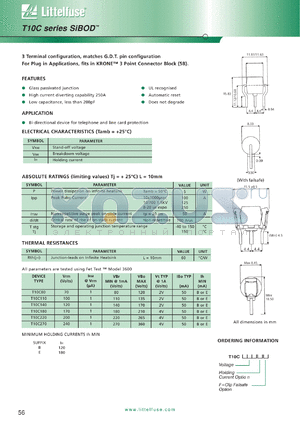 T10C80BF datasheet - T10C series Sibod, glass passivated junction, bi-directional device for telephone and line card protection. Irm = 1uA @ Vrm = 70V,max. Vbr = 80V,min @ 1uA, Holding carrent Ih = 120mA,th min.