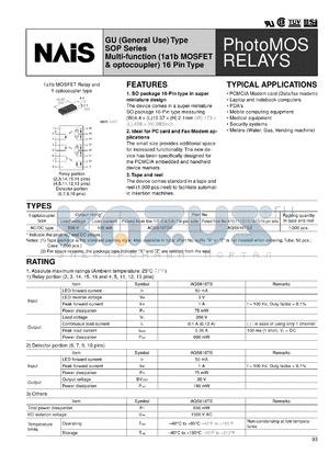 AQS610TSZ datasheet - PhotoMOS relay, GU (general use) type, multi-function (1a1b MOSFET & optocoupler). Output rating load voltage 350V AC/DC, load current 100 mA.