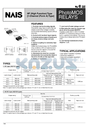 AQV104AZ datasheet - PhotoMOS relay, HF (high function) type [1-channel (form A0 type]. Load voltage 400V, load current 180 mA. Tape and reel packing style, picked from the 4/5/6-pin side.