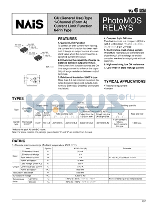 AQV210HLAX datasheet - PhotoMOS relay, GU (general use) type, 1-channel (form A ), current limit function. Output rating: load voltage 350V, load current 130 mA. Tape and reel packing style, picked from the 1/2/3-pin side.