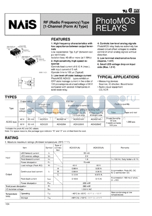 AQV221A datasheet - PhotoMOS relay, RF (radio frequency) type [1-channel (form A) type]. AC/DC type. Output rating: load voltage 40 V, load current 80 mA. Surface-mount terminal. Tube packing style.