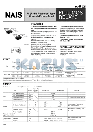 AQV225A datasheet - PhotoMOS relay, RF (radio frequency) type [1-channel (form A) type]. AC/DC type. Output rating: load voltage 80 V, load current 50 mA. Surface-mount terminal. Tube packing style.