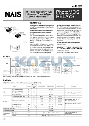 AQV227NAZ datasheet - PhotoMOS relay, RF (radio frequency) type [1-channel (form A) type]. Low On resistance. AC/DC type. Output rating: load voltage 200 V, load current 70 mA. Surface-mount terminal. Tape and reel packing style. Picked from the 4/5/6-pin side.