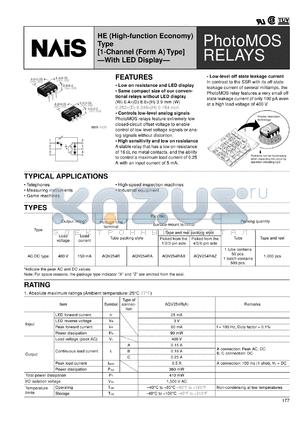 AQV254RAX datasheet - PhotoMOS relay, HE (high-function economy) type [1-channel (form A) type] - with LED display. Output rating: load voltage 400 V, load current 150 mA. Surface-mount terminal, tape and reel packing style, picked from the 1/2/3/-pin side.