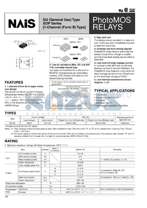 AQV414SX datasheet - PhotoMOS relay, GU (general use) type [1-channel (form B) type]. AC/DC type. Output rating: load voltage 400 V, load current 100 mA.  Picked from the 1/2/3-pin side