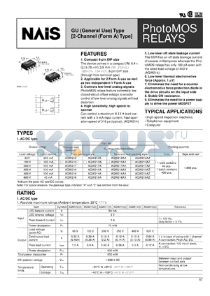 AQW215AX datasheet - PhotoMOS relay, GU (general use), 2-channel (form A) type. AC/DC type. Output rating: load voltage 100 V, load current 300 mA. Surface-mount terminal. Tape and reel packing style.