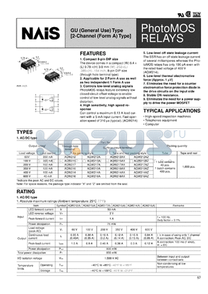 AQW214AX datasheet - PhotoMOS relay, GU (general use), 2-channel (form A) type. AC/DC type. Output rating: load voltage 400 V, load current 100 mA. Surface-mount terminal. Tape and reel packing style.