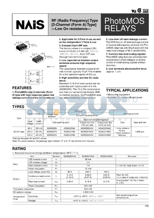 AQW224NA datasheet - PhotoMOS relay, FR (radio frequency) type, [2-channel (form A) type] low on resistance. AC/DC type. Output rating: load voltage 400 V, load current 40 mA. surface-mount terminal, tube packing style.